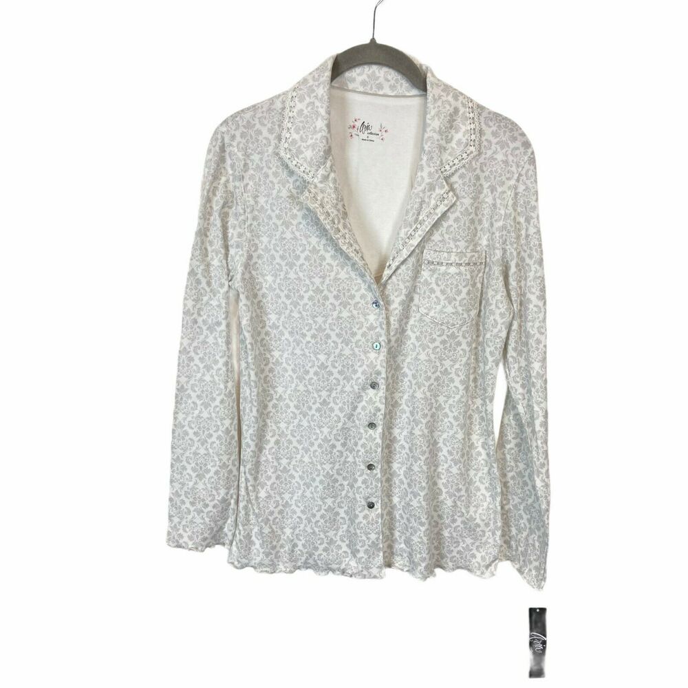Pajama Top Aria Collection Women's White Gray Cotton Lettuce Edge Hem Sz Small